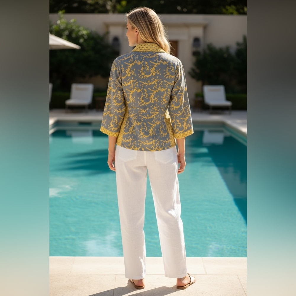 Yellow and Gray Floral Wrap Top size 7 used - Picture 7 of 7